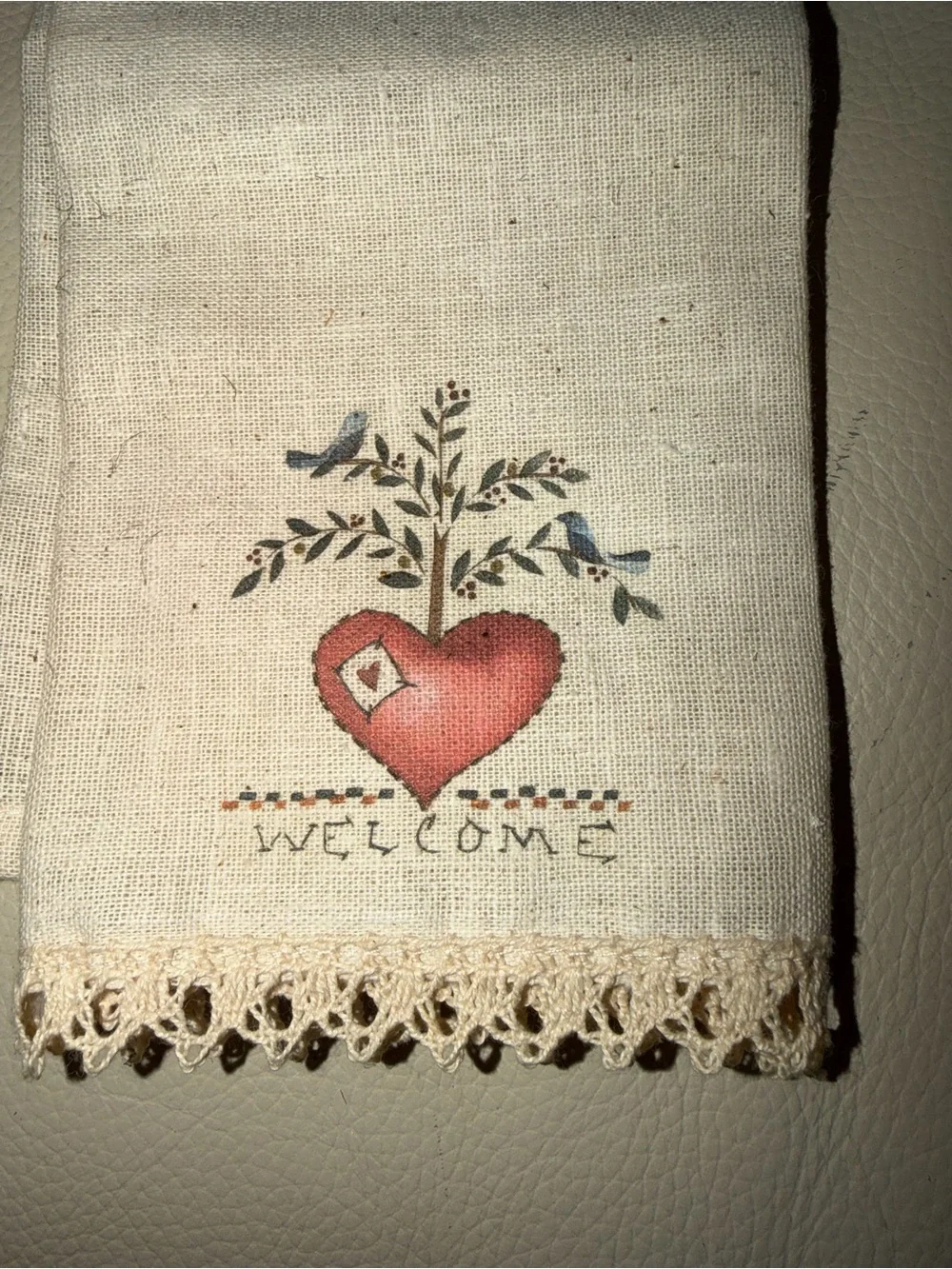 Vintage Welcome Heart Embroidered Linen Kitchen Towel - Cream